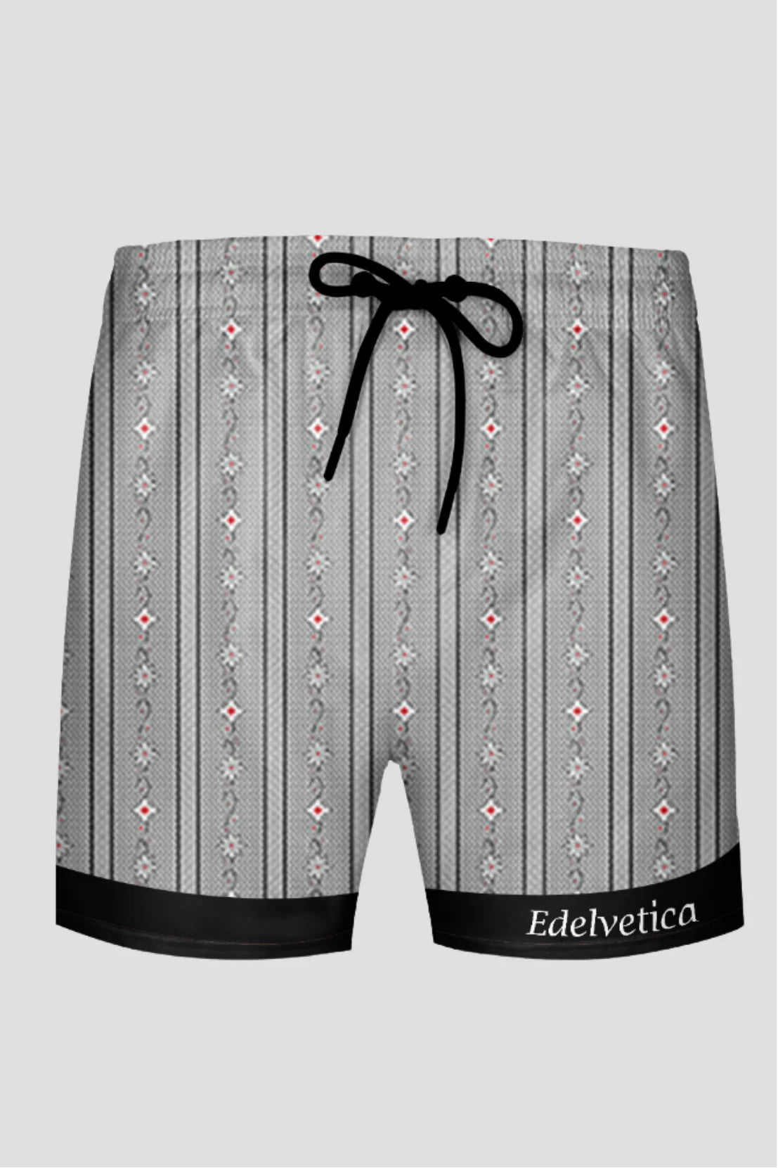 Herren Edelweiss Badehosen von Edelvetica, eine klassisch gestaltete Schwimmkleidung mit einem Hauch von Schweizer Tradition. Diese Badehosen sind mit einem Edelweiss-Muster verziert und bieten sowohl Stil als auch Komfort. Ideal für Männer, die elegante Badebekleidung mit kulturellem Charakter schätzen.